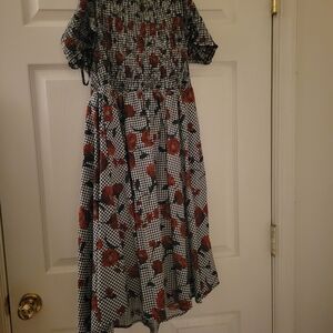 City Chic Black & White Gingham Midi Dress with Red Floral Print